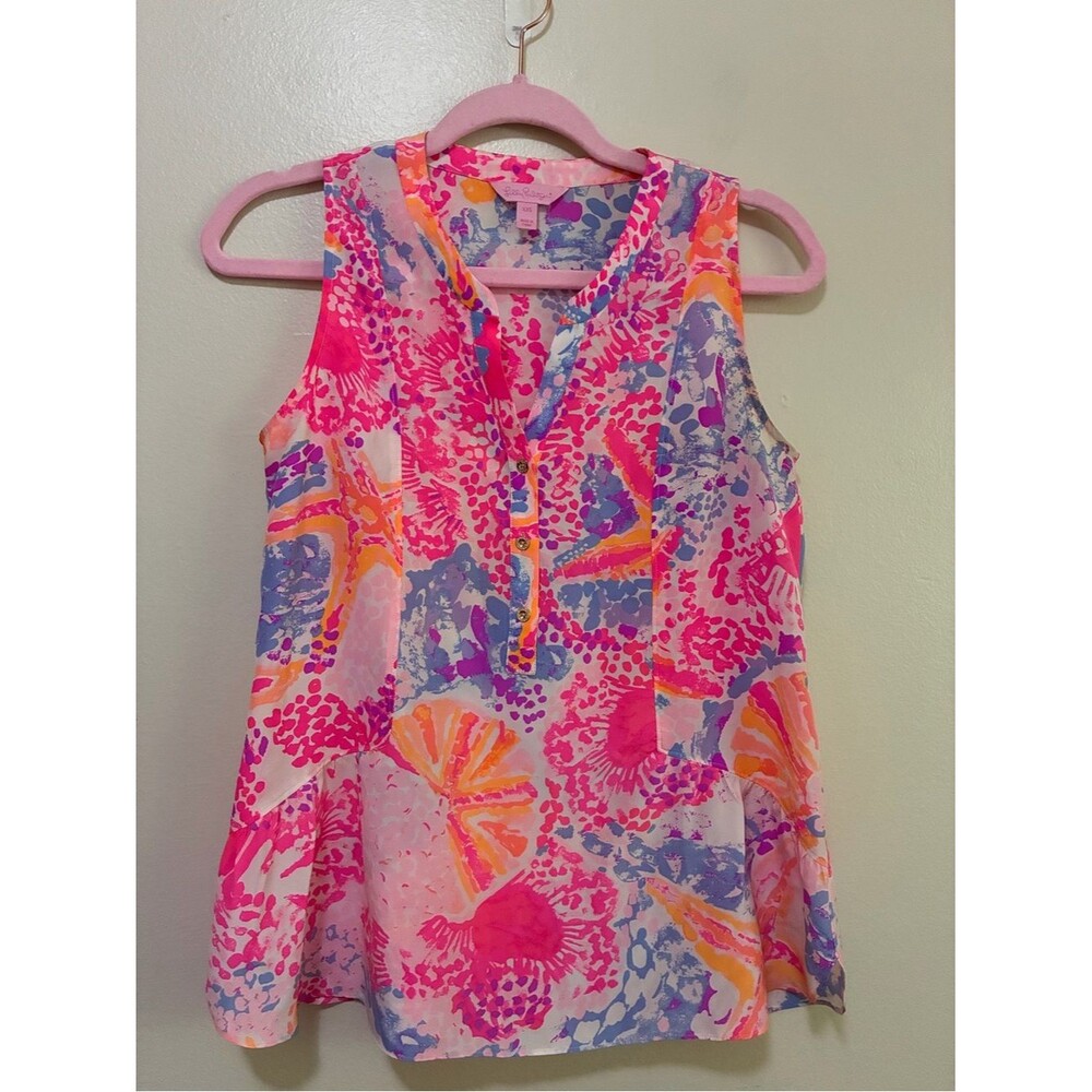 Lilly Pulitzer Kerry Silk Blouse Vibrant Pink Bohemian Beach Tropical print xxs